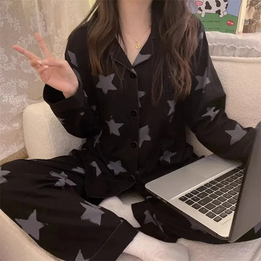 Korean Style Long-Sleeved Pajamas Set for Women Spring Autumn Homewear Comfortable Ladies Sleepwear Student Senior Casual Outfi