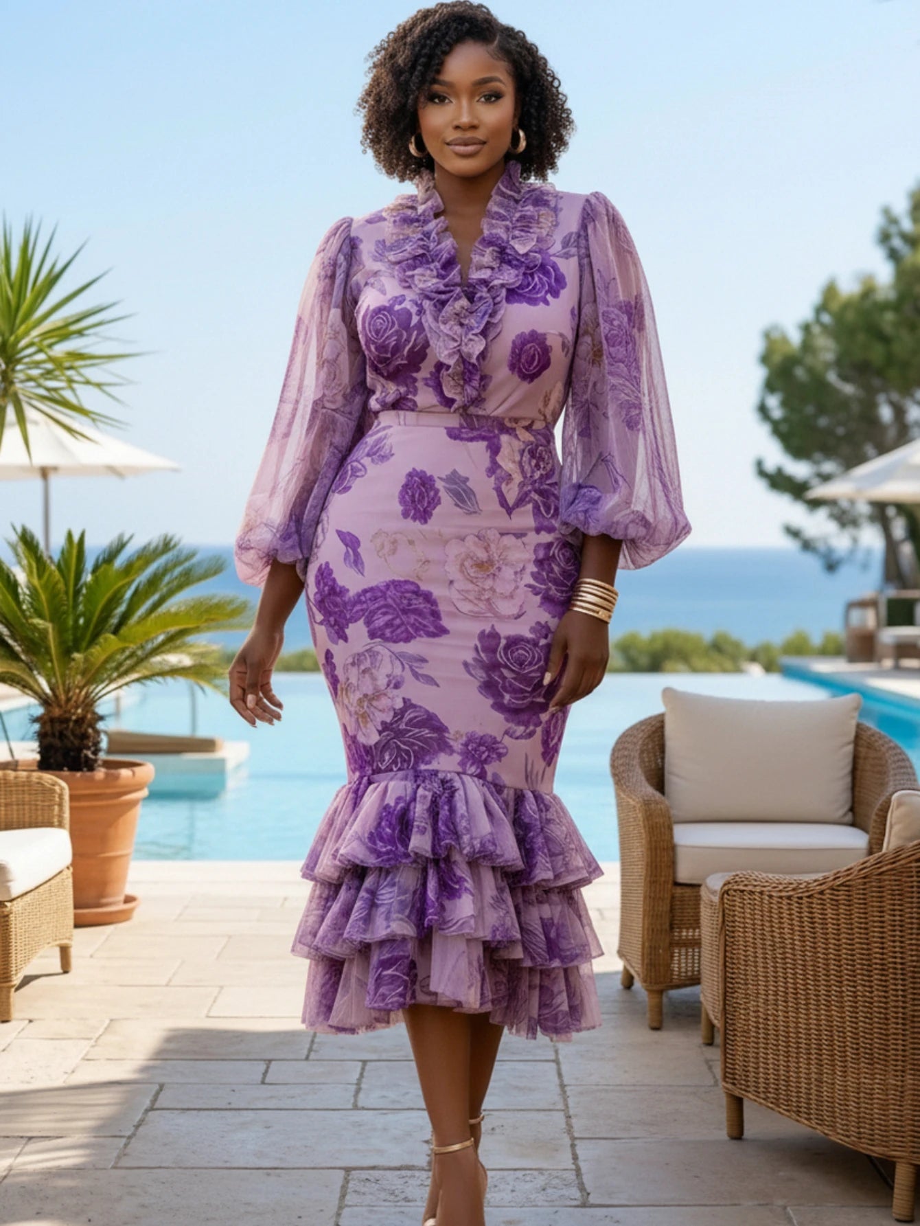 Women V Neck Ruffled Puff Sleeve Printed Midi Dress With Layered Hem For Beach Resort Vacation And Daily Occasion
