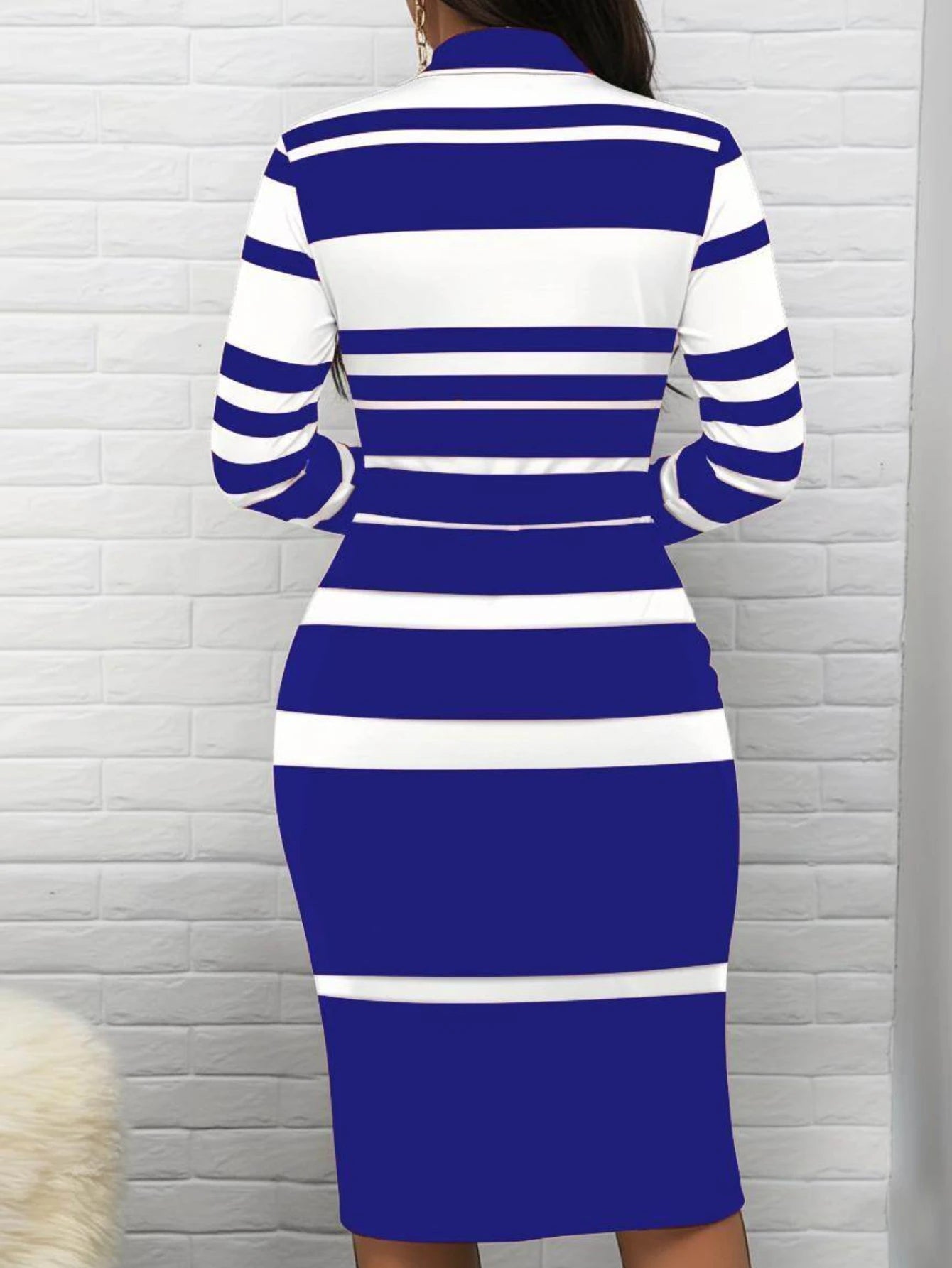 Women Half Zip Stand Collar Long Sleeve Striped Midi Dress For Club Night Daily Casual Dinner And Party Occasion