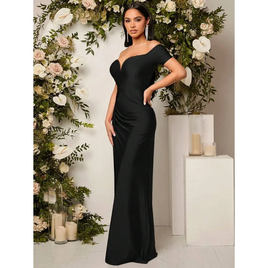 【New style】Off-The-Shoulder Ruched High Slit Knee-Length Elegant Sexy Guest Formal Dress, Black, Suitable For Graduation Ceremo
