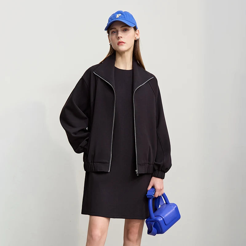 Amii Women's Jackets 2026 Autumn New Stand-up Collar Zipper Cotton Knitted Jacket Women's Loose Shoulder Sleeve Top 12641079