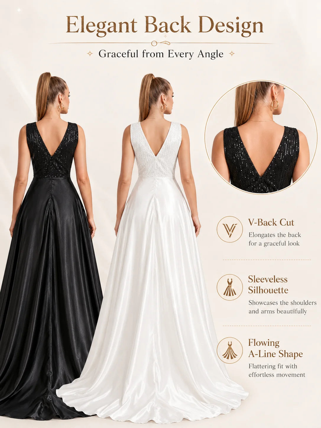 Women Sleeveless Deep V Neck Sequin Bodice Satin A Line Maxi Dress With Train, Elegant Formal Evening Floor Length Gown, Bridal Reception Wedding Guest Prom Party Long Dress S-XXL 3 Colors Available