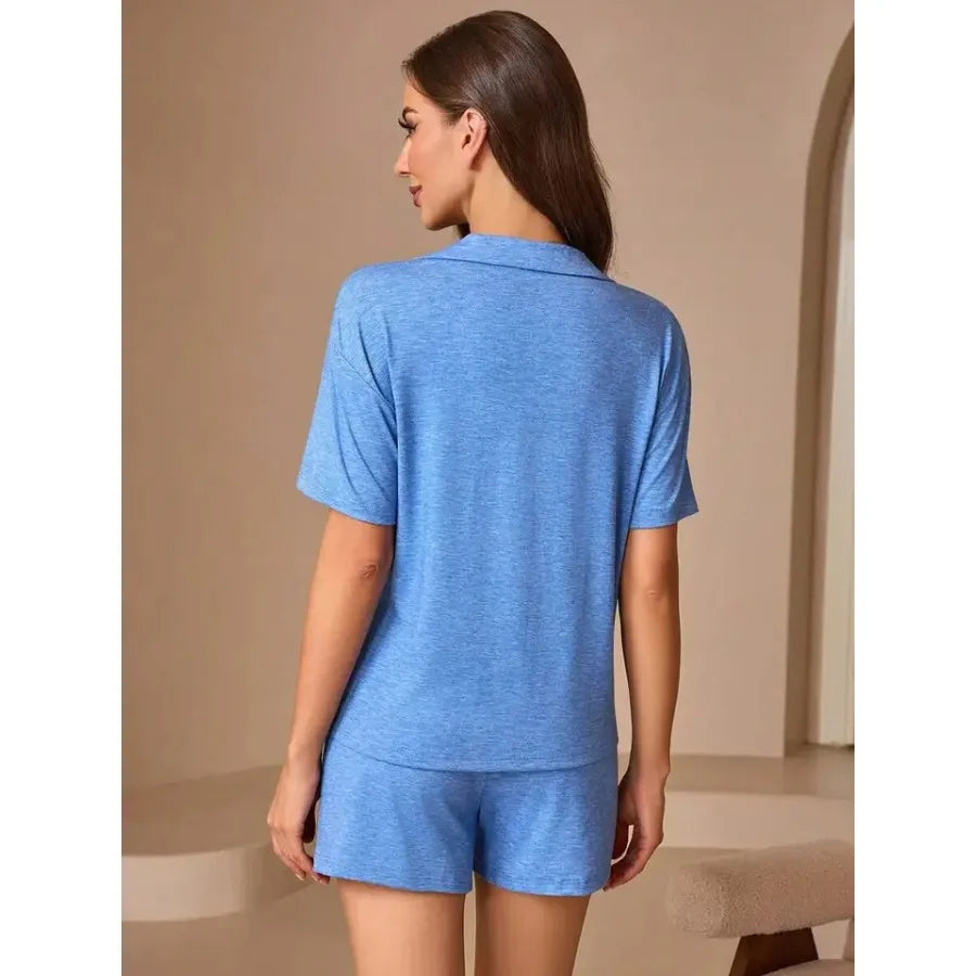 Womens Short Sleeve Pajama Set With Lapel Collar Loose Loungewear Shorts