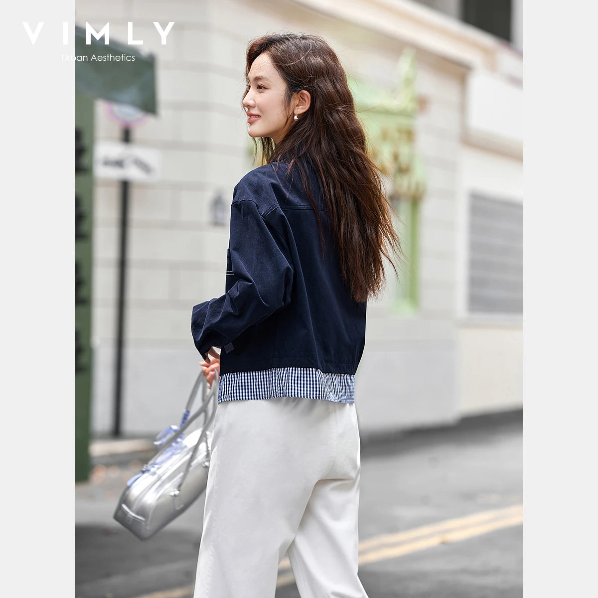 VIMLY Elegant Women's Jackets Navy Blue Casual Pure Cotton Female Jackets Autumn 2026 Turn-down Neck Spliced Ladies Jacket A2853