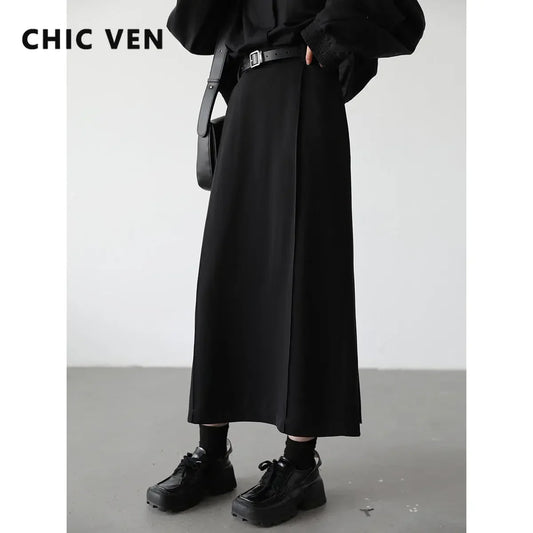 CHIC VEN Women's Skirts Loose High Waist Pleated Straight Tube Skirt Slit Black Female Clothes Office Lady Autumn Winter 2024