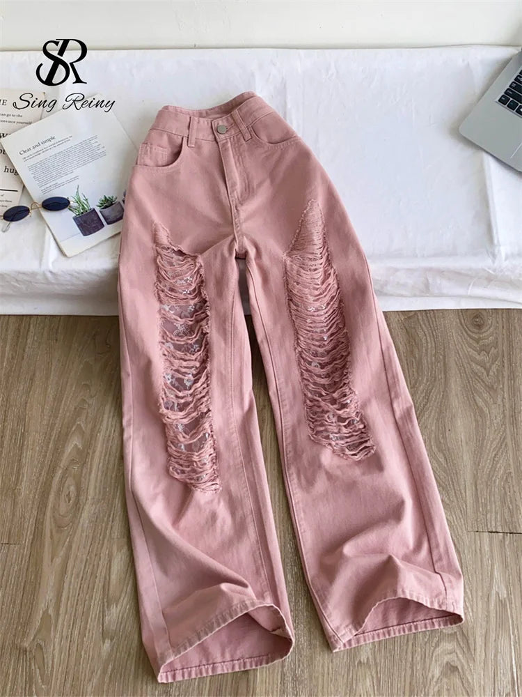SINGREINY Pink Hotsweet Hole Denim Pants Women High Waist Pocket Design Streetwear Autumn New Lace Patchwork Edgy Wide Leg Jeans