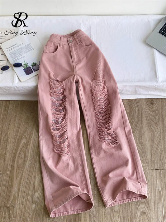 SINGREINY Pink Hotsweet Hole Denim Pants Women High Waist Pocket Design Streetwear Autumn New Lace Patchwork Edgy Wide Leg Jeans