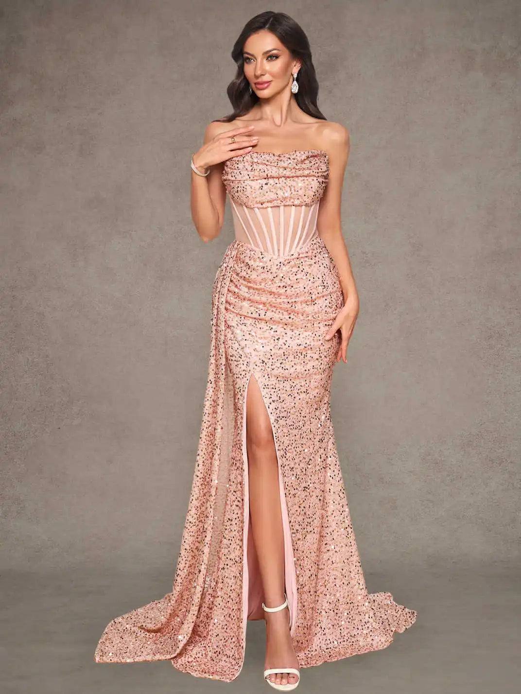 Rose Gold Sequin Strapless Mermaid Evening Gown Sheer Corset High Slit Draped Train Party Dress