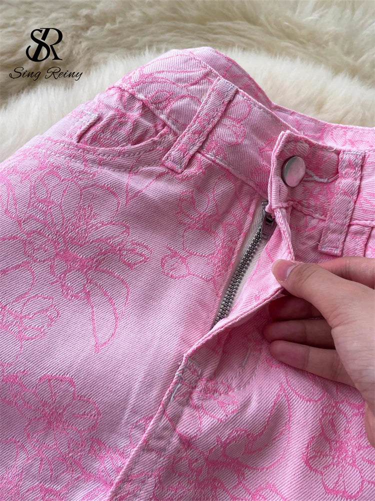 SINGREINY Jacquard Y2K Streetwear Jeans High Waist Floral Print Ins Splice Faux Two Piece Mini Skirt Overlay Wide Leg Denim Pant