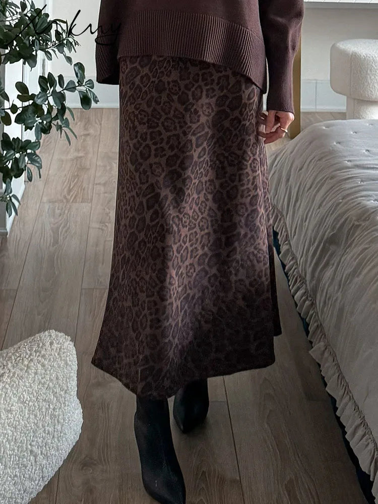 Formal Suede Long Skirt For Women Spring Winter Maxi Leopard Print Skirts A Line Elegant Vintage High Waist Women's Skirts Lady