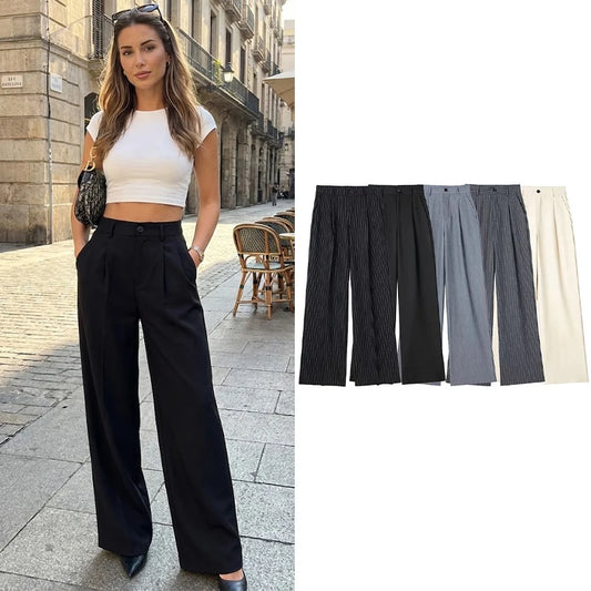 Willshela Women Fashion Solid Pleated Front Zipper Wide Leg Pants Vintage High Waist Full Length Female Chic Lady Trousers