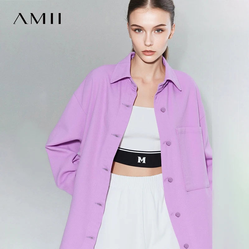 Amii Women's Jackets 2026 Autumn New Casual Loose Cotton Denim Shirt Jacket Letter Leather Patch Mid-Length Top Female 12641105