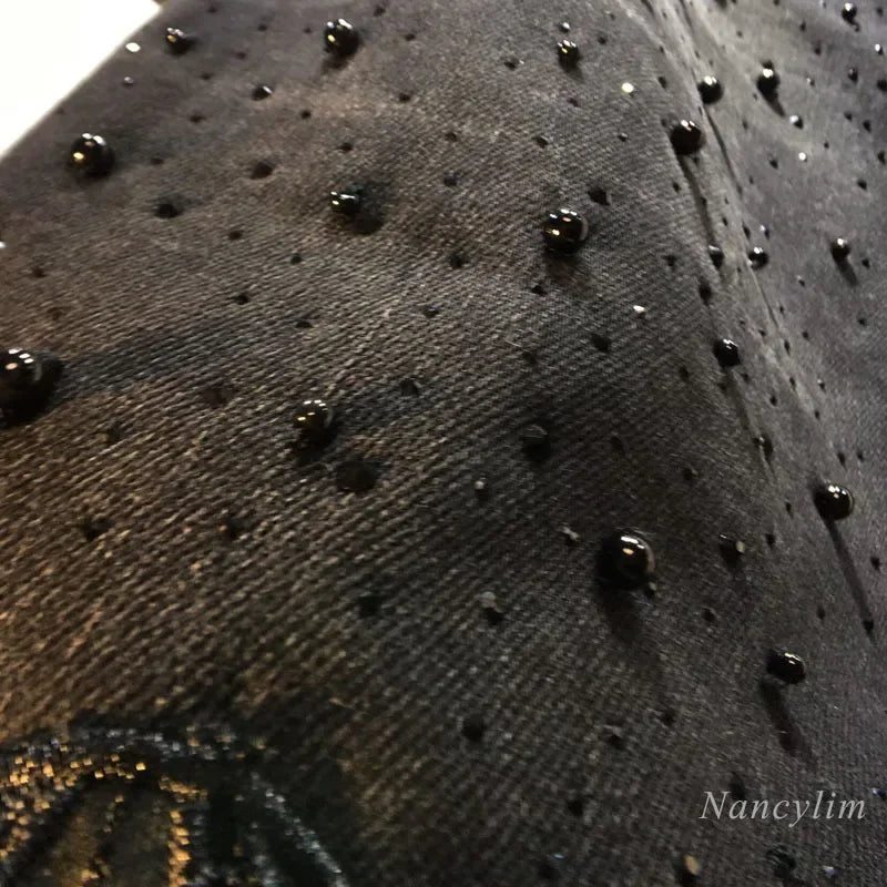 European 2025 Hollow Lace Jeans Women Summer New Black Lace Denim Pants Heavy Industry Beads Hot Diamond Denim Splicing Crochet