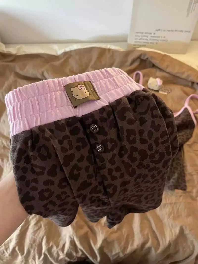 Hello Kitty Women's Leopard Print Camisole & Shorts Pajama Set Summer Cute Sweet Soft Comfy Breathable Home Loungewear