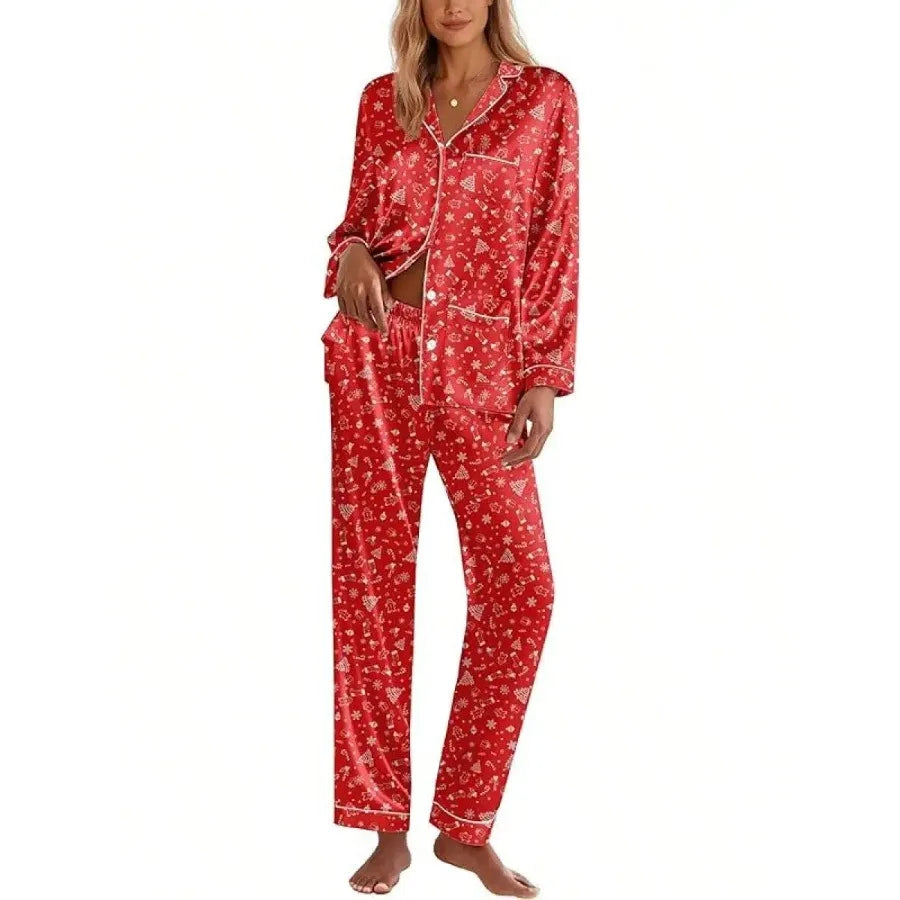 Pink Satin Women Pajama Set Long Sleeve Button Down Lounge Wear