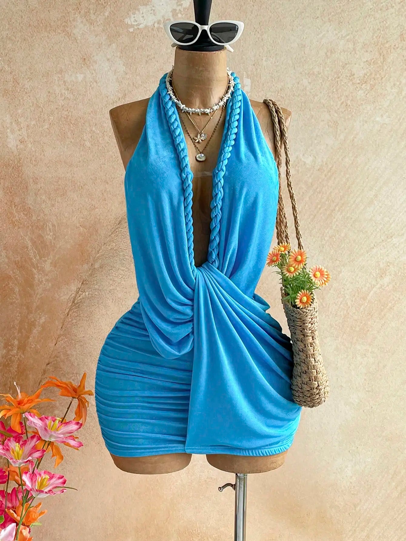 Women Solid Color Backless Halter Mini Dress For Vacation Beach Summer Outfit