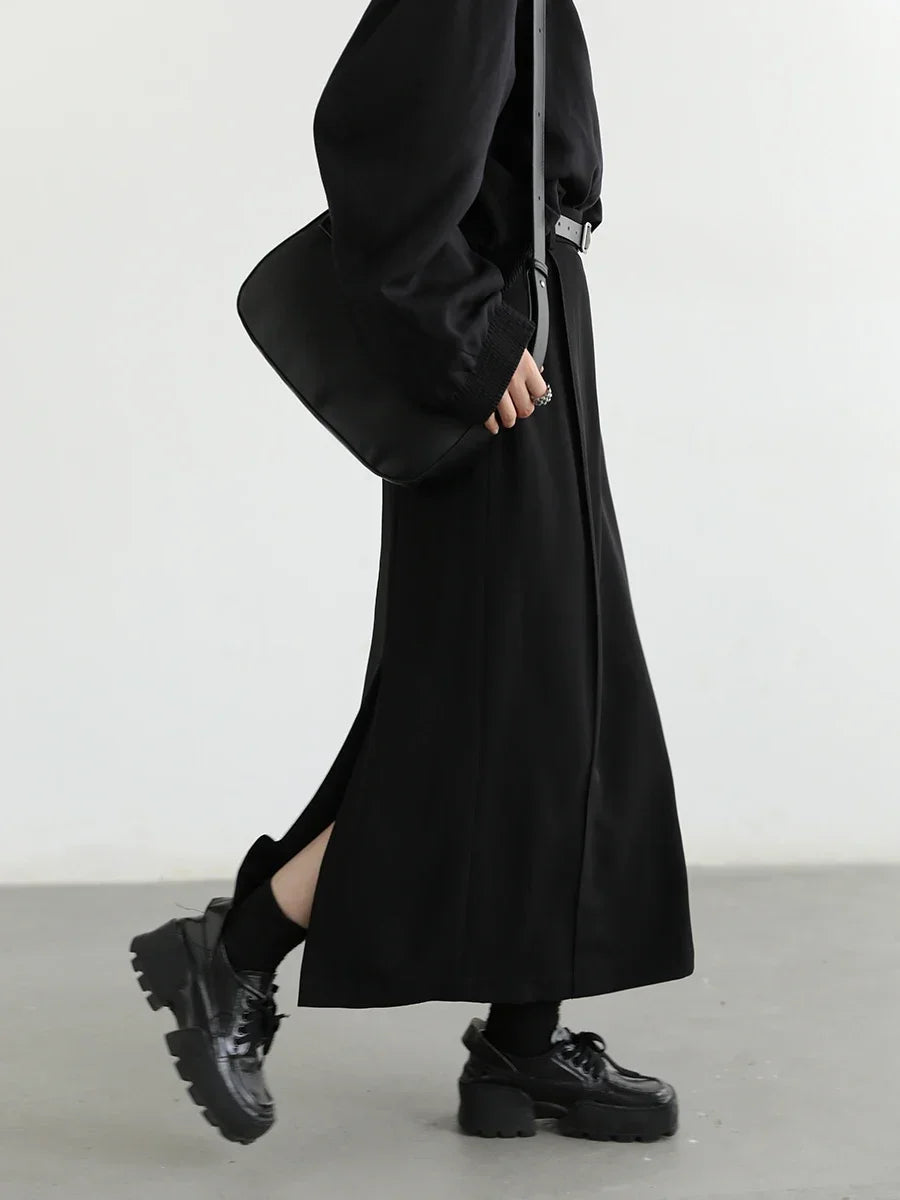 CHIC VEN Women's Skirts Loose High Waist Pleated Straight Tube Skirt Slit Black Female Clothes Office Lady Autumn Winter 2024
