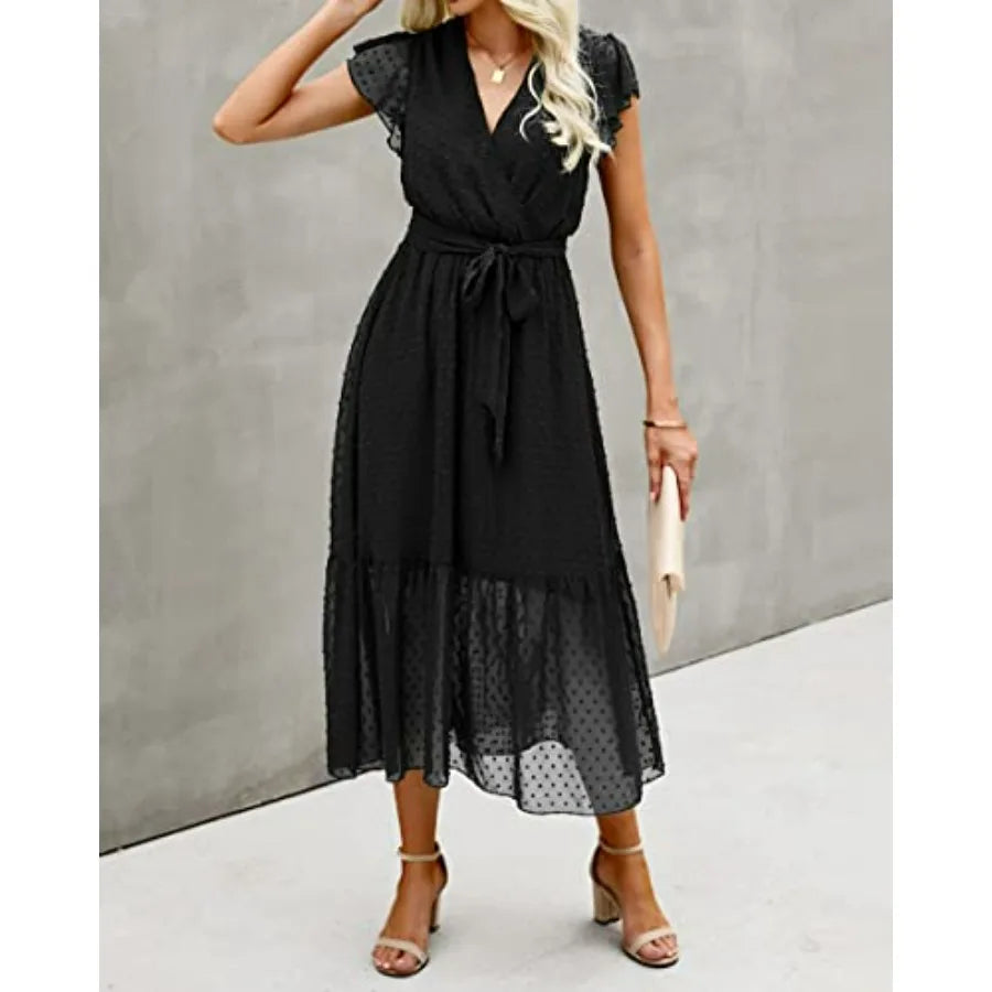 BTFBM Women Summer Bohemian Casual Wrap V Neck Ruffle Cap Sleeveless Belt A-Line Pleated Hem Midi Sun Dress