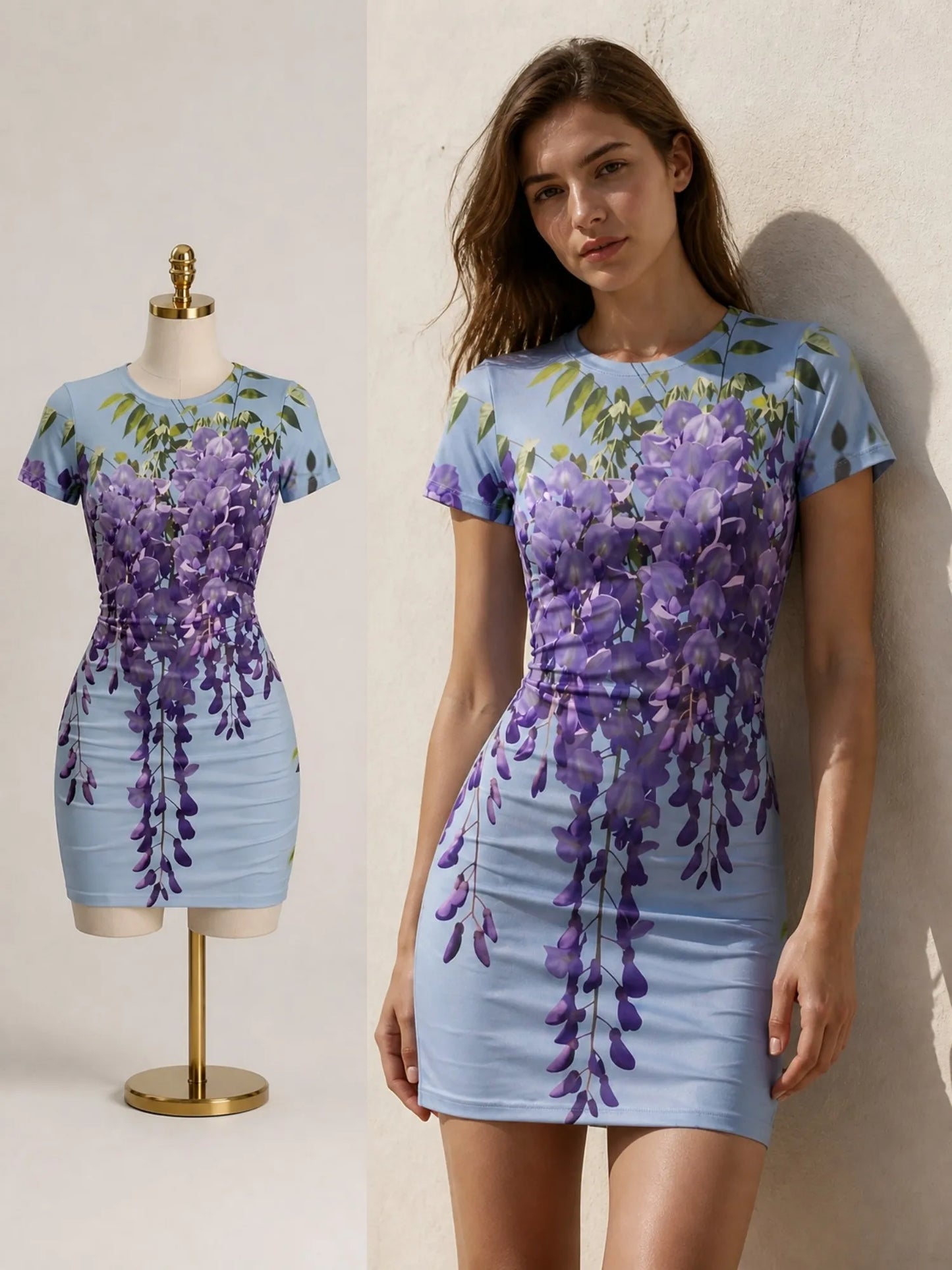 Womens Short Sleeve Bodycon Mini Dress Slim Fit Crew Neck Floral Print Casual Summer Party Cute Modern Fashion Vacation Sundress