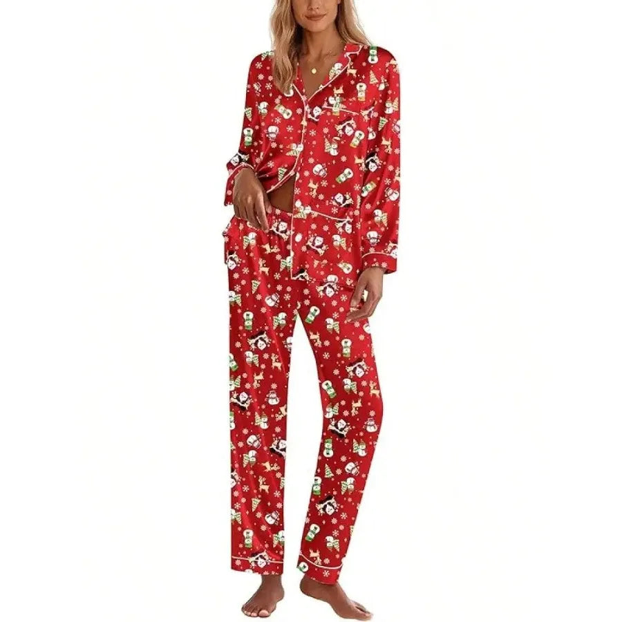 Pink Satin Women Pajama Set Long Sleeve Button Down Lounge Wear