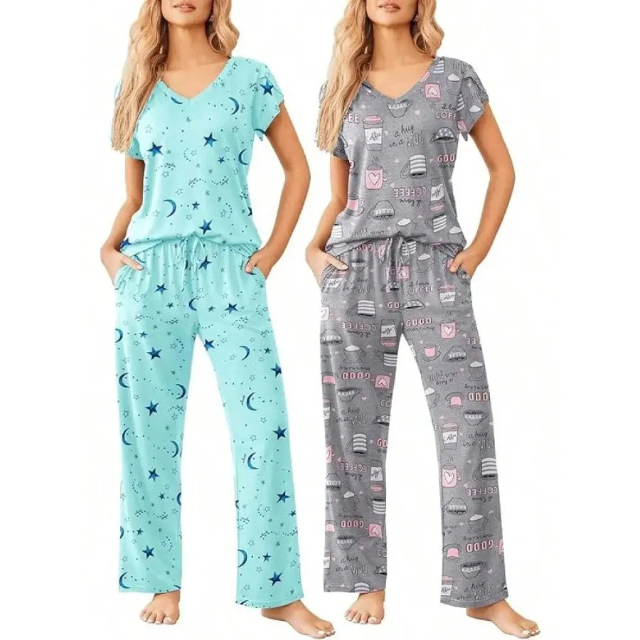 Womens Short Sleeve Striped Pajama Set Soft Lounge Wear S-XXL