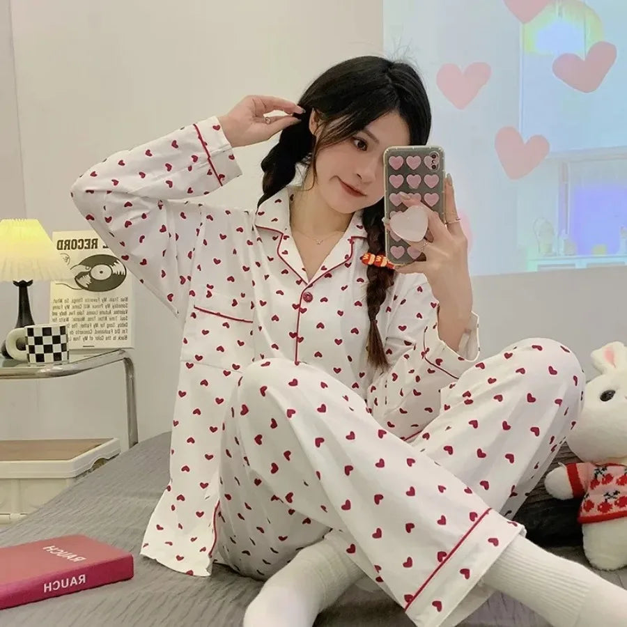 Korean Style Long-Sleeved Pajamas Set for Women Spring Autumn Homewear Comfortable Ladies Sleepwear Student Senior Casual Outfi