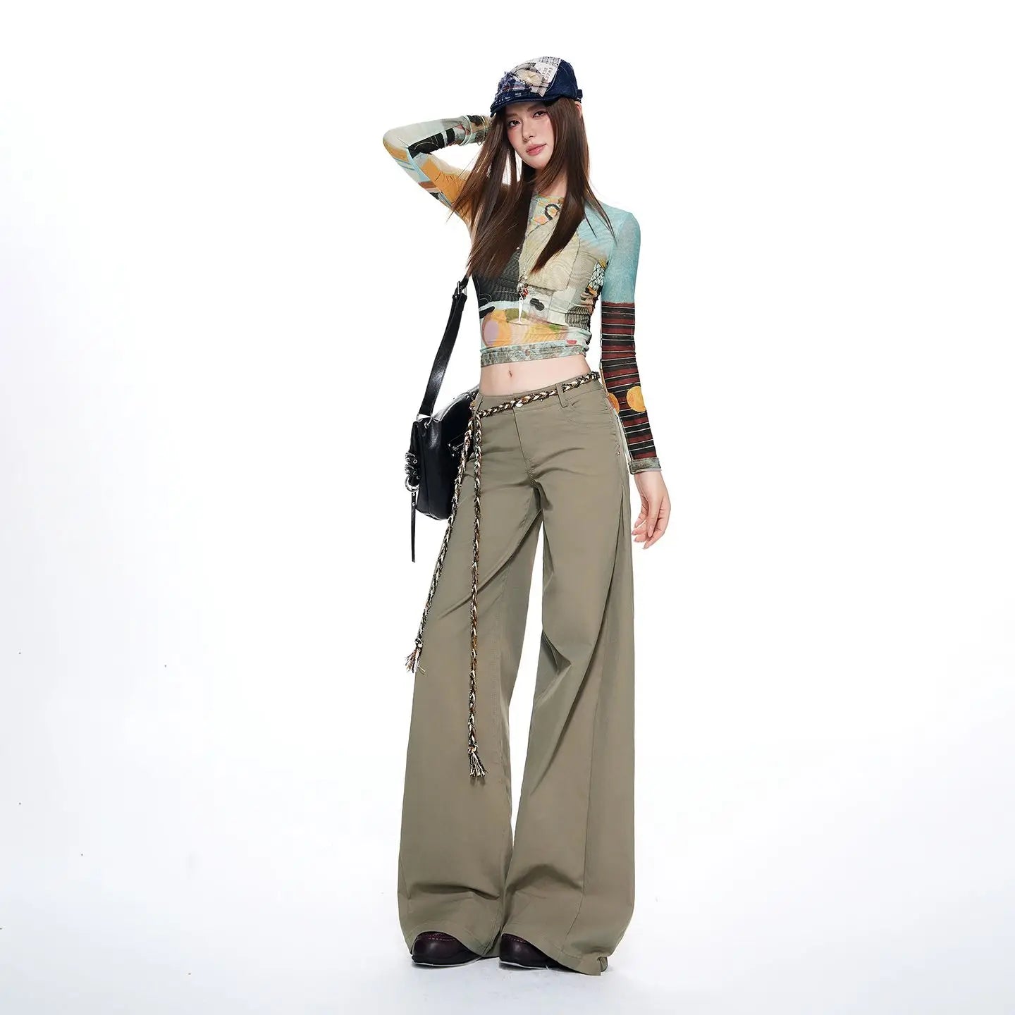 New Spring, Summer, Autumn, and Winter Styles Vintage Low-Waist Studded Simple Loose Wide-Leg Casual Pants for Women Trendy