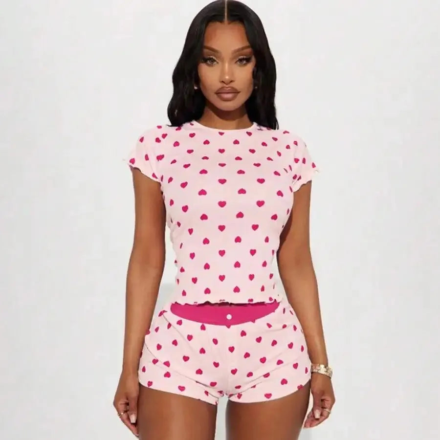 Womens Heart Print Pajama Set Short Sleeve Top And Button Shorts Spring Summer