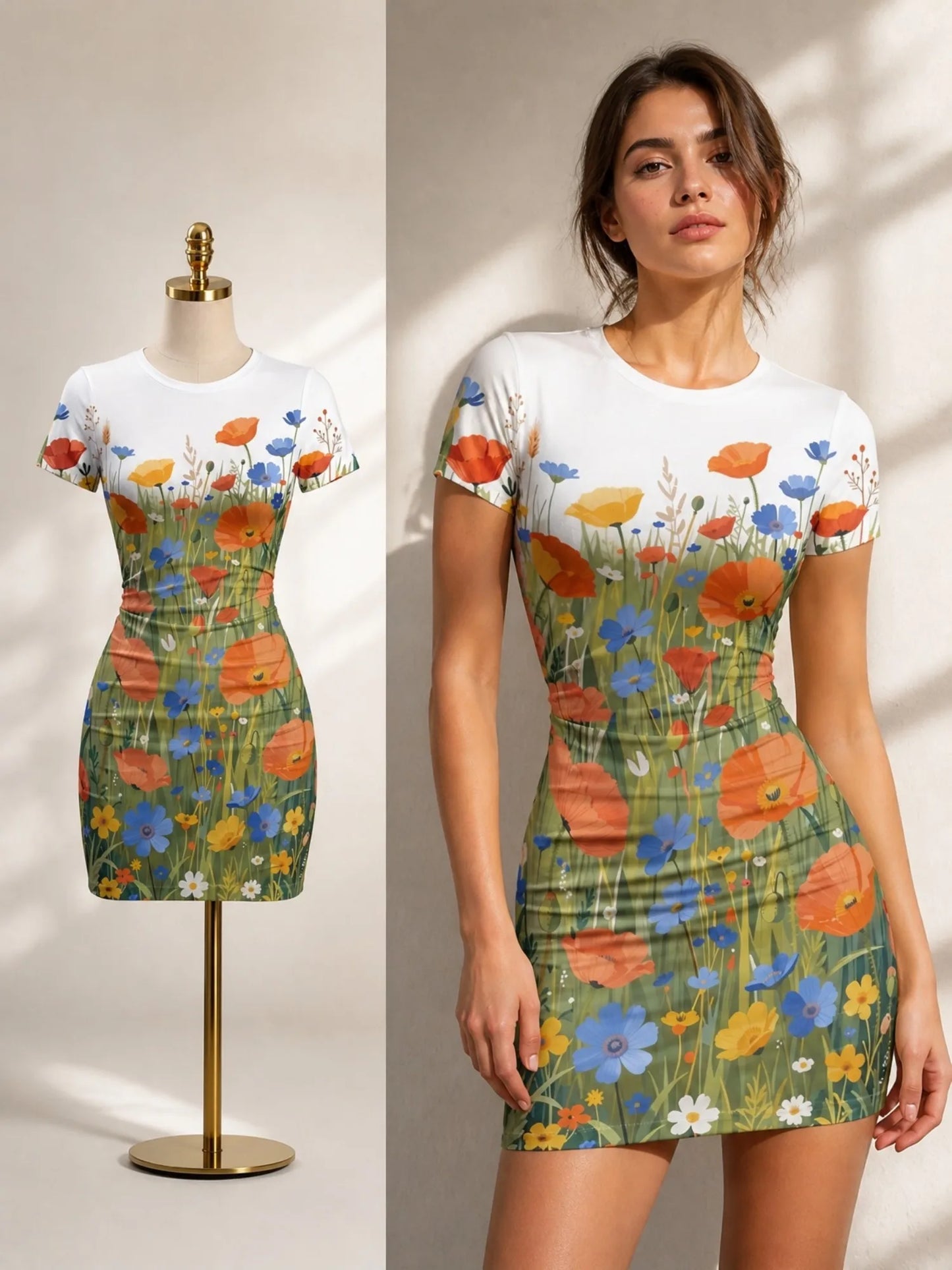 Womens Short Sleeve Bodycon Mini Dress Slim Fit Crew Neck Floral Print Casual Summer Party Cute Modern Fashion Vacation Sundress