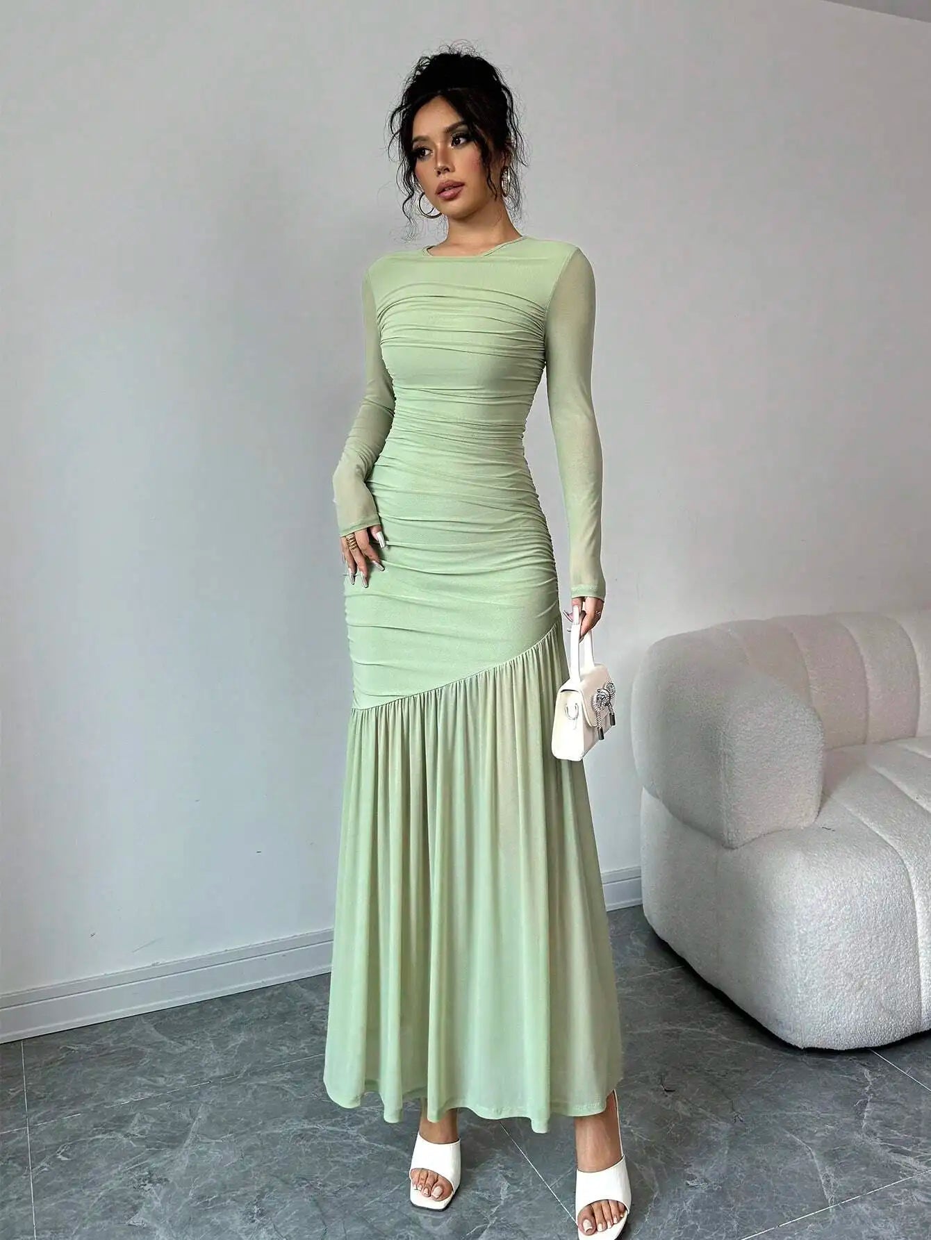Elegant Mint Green Long Sleeve Round Neck Floor-Length Dress For Women