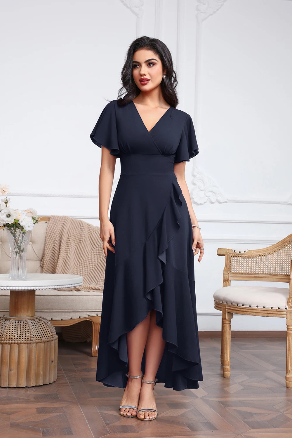 2026 New Irregular Evening Dress Ruffles Tulle Short Sleeve V-Neck High-Low Prom Dresses Wide Empire A-Line Long Split Gowns