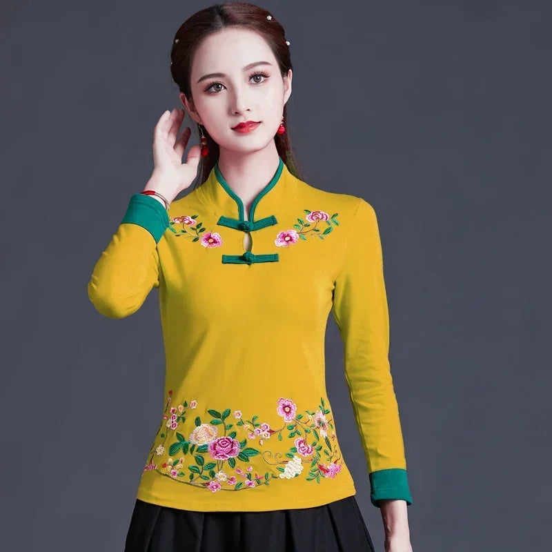 Ethnic Style Streetwear Fashion Casual Women Clothing Shirts for Women Vintage Clothes Tshirt Y2k Top Women Clothes Embroidery