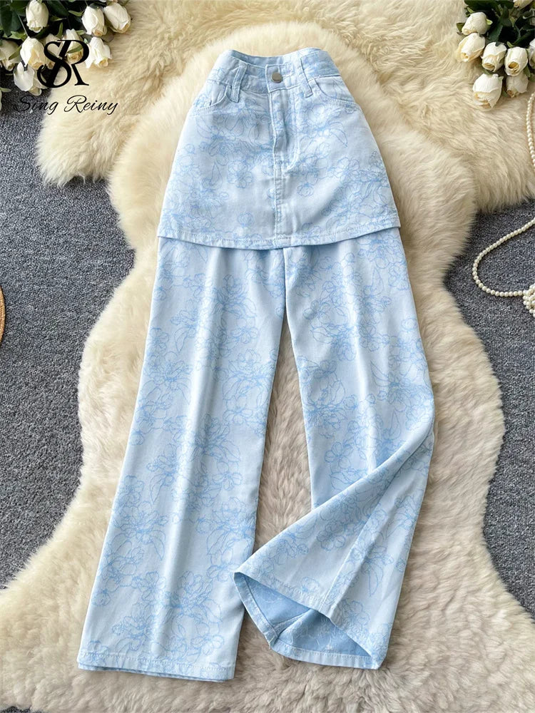 SINGREINY Jacquard Y2K Streetwear Jeans High Waist Floral Print Ins Splice Faux Two Piece Mini Skirt Overlay Wide Leg Denim Pant