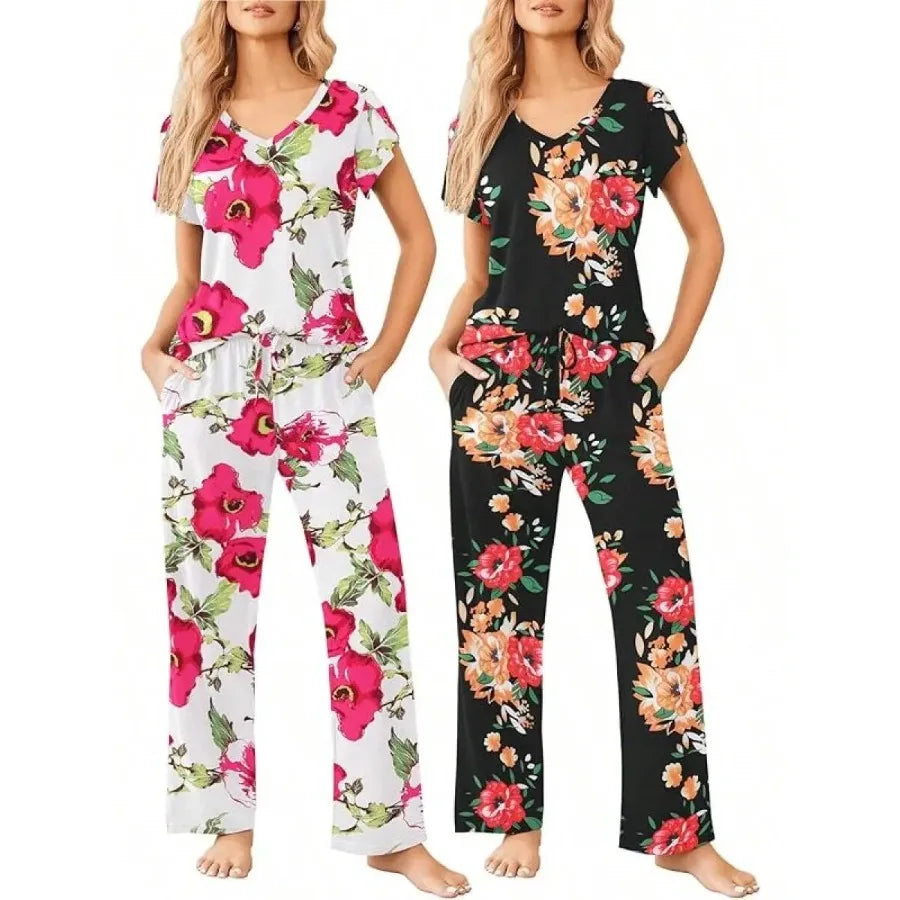 Womens Short Sleeve Striped Pajama Set Soft Lounge Wear S-XXL