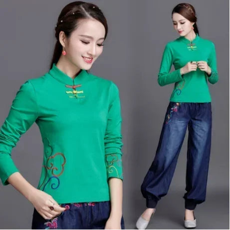 Ethnic Style Streetwear Fashion Casual Women Clothing Shirts for Women Vintage Clothes Tshirt Y2k Top Women Clothes Embroidery