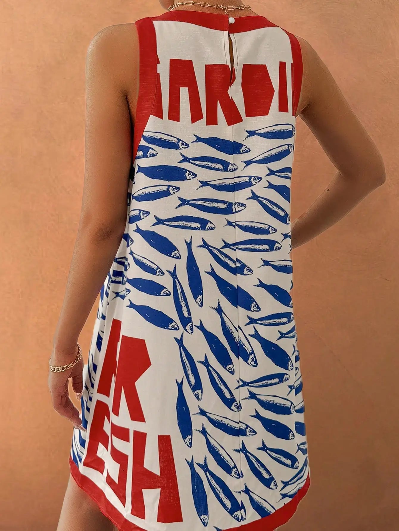 Sleeveless Round Neck Dress With Fish Print And Letter Pattern Casual Beach Style