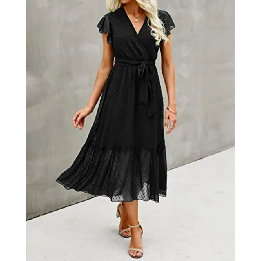 BTFBM Women Summer Bohemian Casual Wrap V Neck Ruffle Cap Sleeveless Belt A-Line Pleated Hem Midi Sun Dress