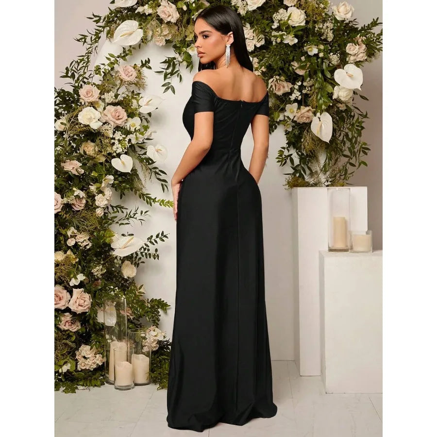 【New style】Off-The-Shoulder Ruched High Slit Knee-Length Elegant Sexy Guest Formal Dress, Black, Suitable For Graduation Ceremo
