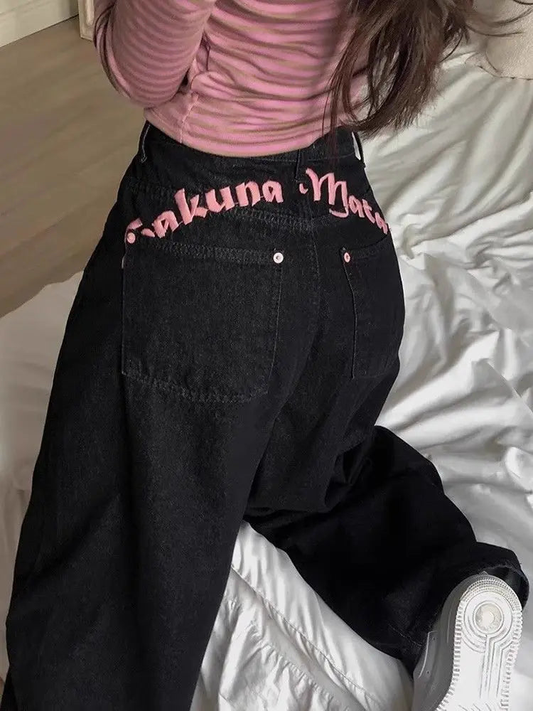 Women's Sweet Casual Full Length Baggy Denim Trouser Retro Emo Harajuku Loose Jeans Letter Embroidery High Waist Y2K 2000s Pants