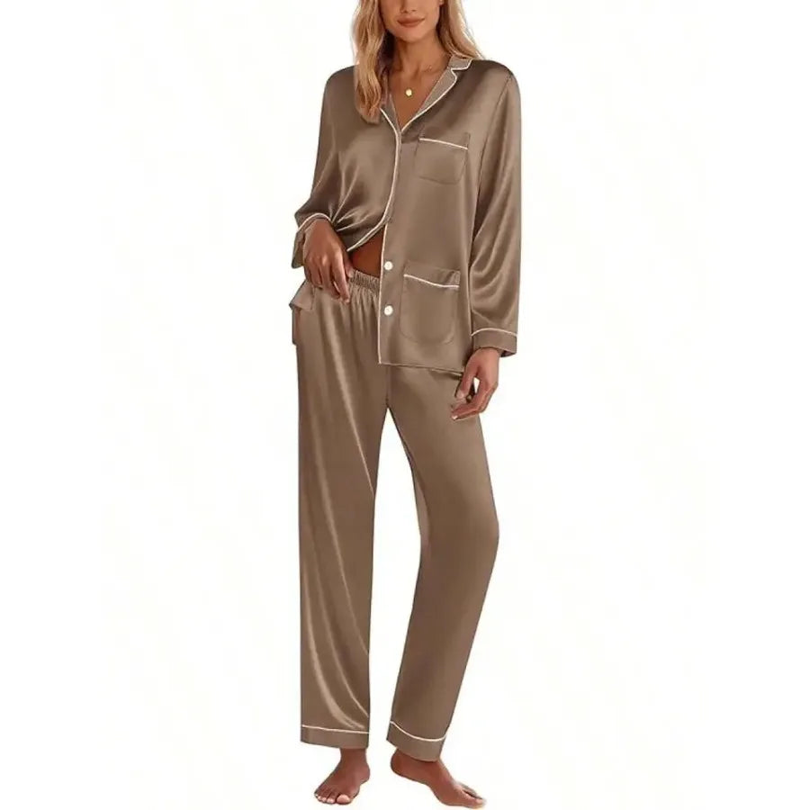 Pink Satin Women Pajama Set Long Sleeve Button Down Lounge Wear