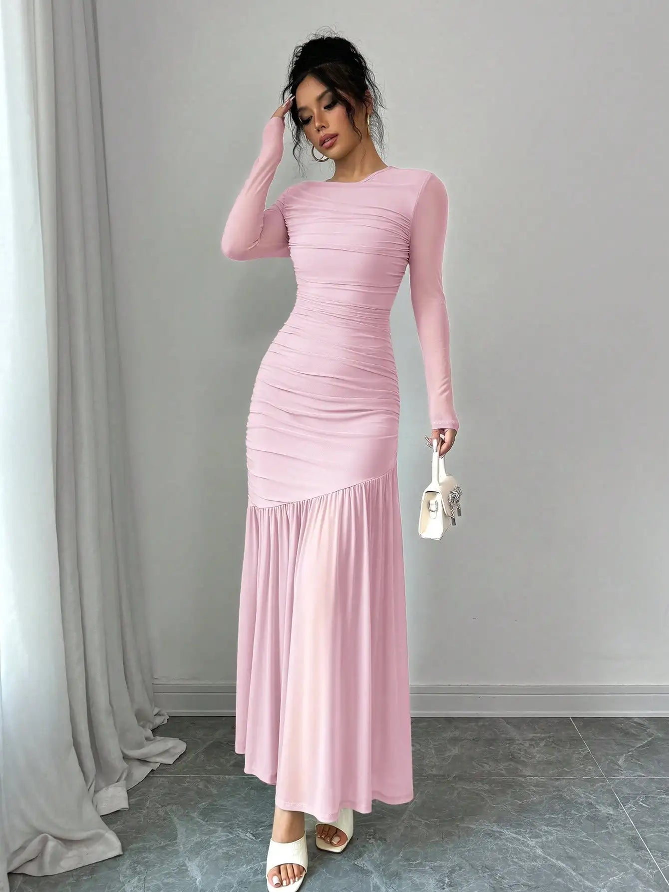 Elegant Mint Green Long Sleeve Round Neck Floor-Length Dress For Women