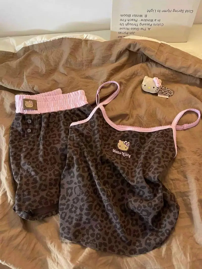 Hello Kitty Women's Leopard Print Camisole & Shorts Pajama Set Summer Cute Sweet Soft Comfy Breathable Home Loungewear