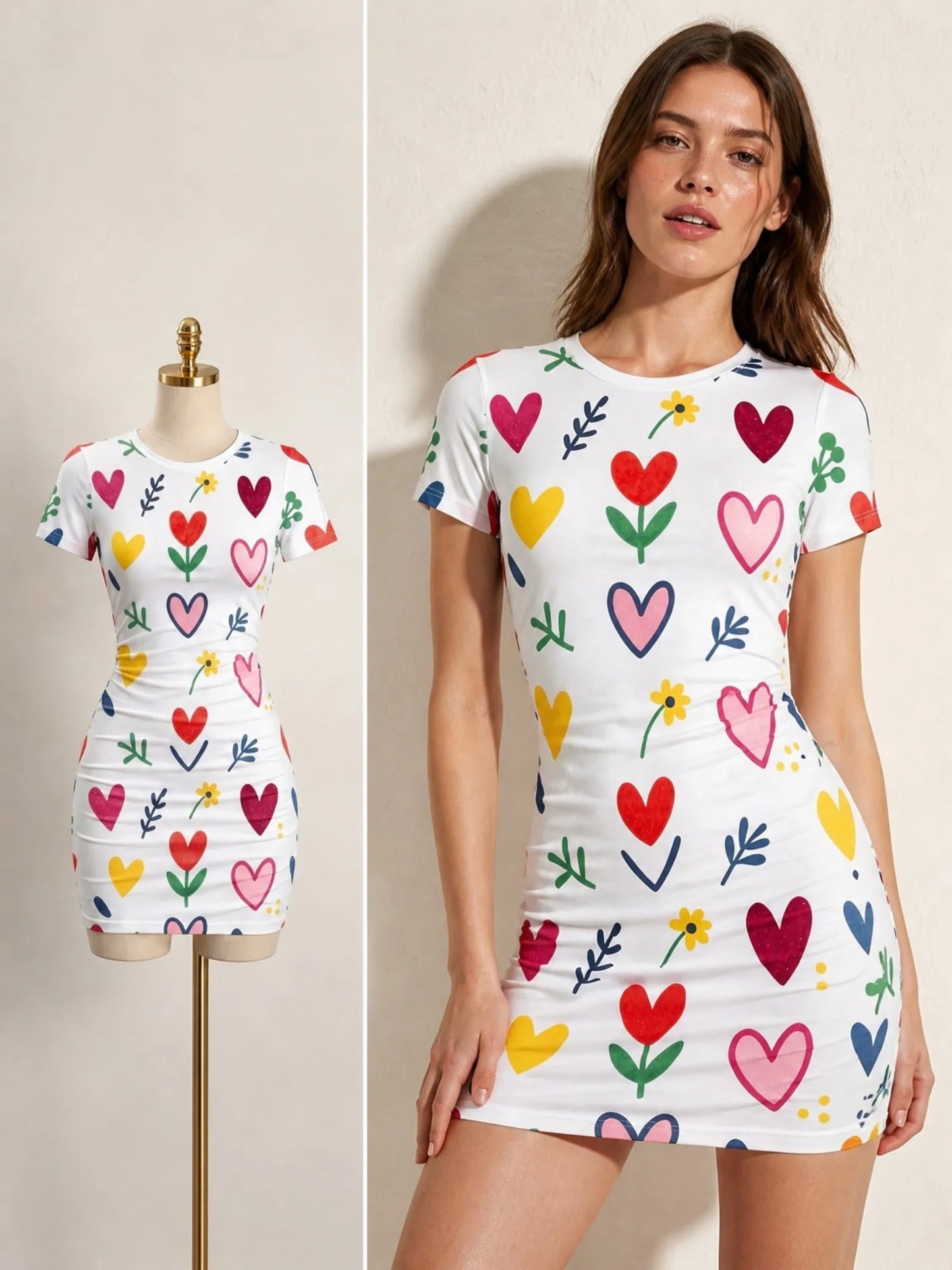 Womens Short Sleeve Bodycon Mini Dress Slim Fit Crew Neck Floral Print Casual Summer Party Cute Modern Fashion Vacation Sundress