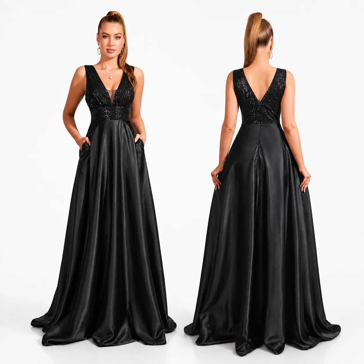 Women Sleeveless Deep V Neck Sequin Bodice Satin A Line Maxi Dress With Train, Elegant Formal Evening Floor Length Gown, Bridal Reception Wedding Guest Prom Party Long Dress S-XXL 3 Colors Available