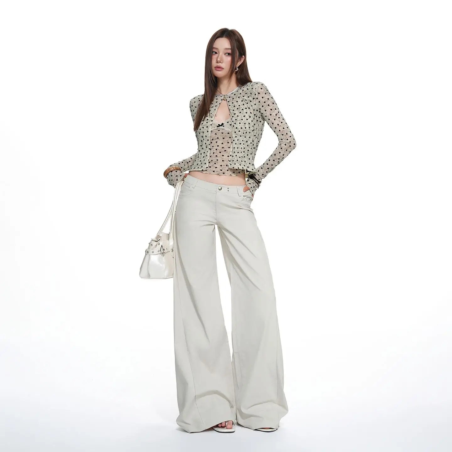 New Spring, Summer, Autumn, and Winter Styles Vintage Low-Waist Studded Simple Loose Wide-Leg Casual Pants for Women Trendy
