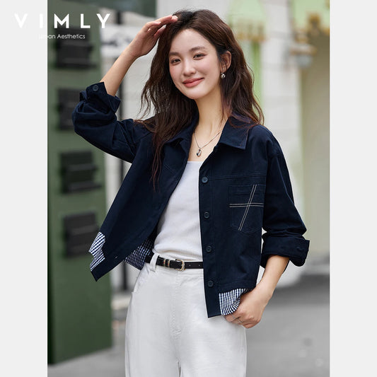 VIMLY Elegant Women's Jackets Navy Blue Casual Pure Cotton Female Jackets Autumn 2026 Turn-down Neck Spliced Ladies Jacket A2853
