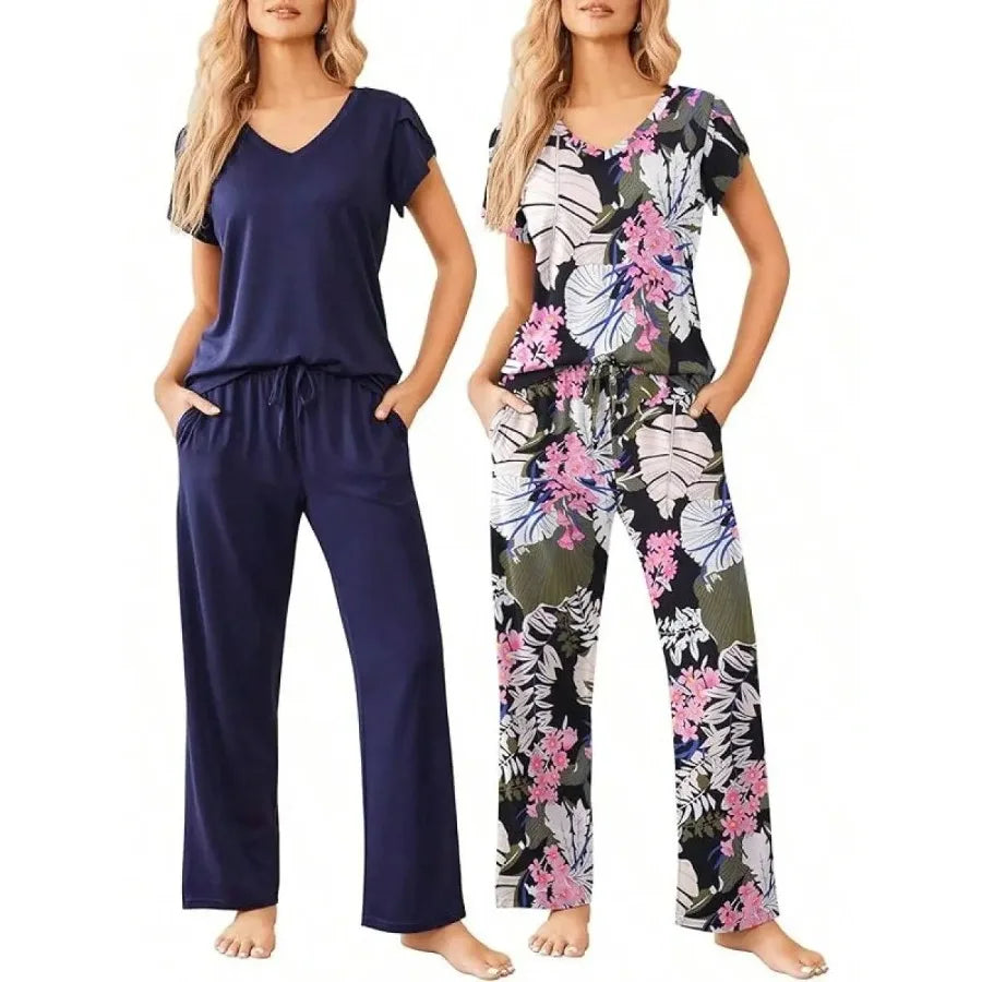 Womens Short Sleeve Striped Pajama Set Soft Lounge Wear S-XXL
