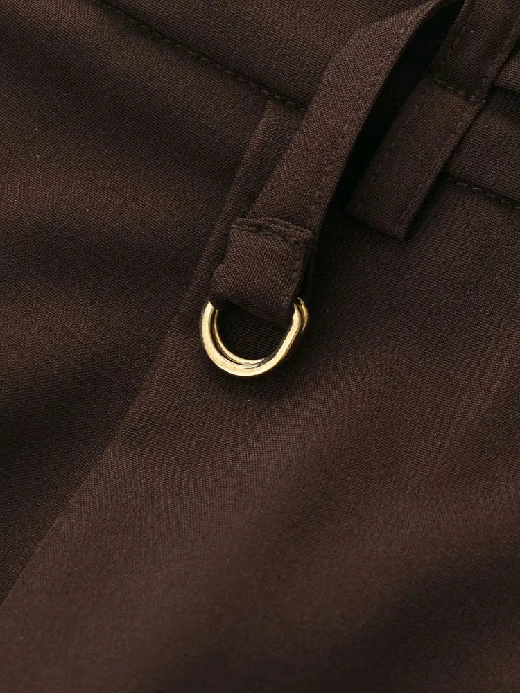 Women's Fashion Wide-Leg Pants with Belted Front Darts, Side Pockets, Solid Color Trousers, Suitable for Casual Office Wear