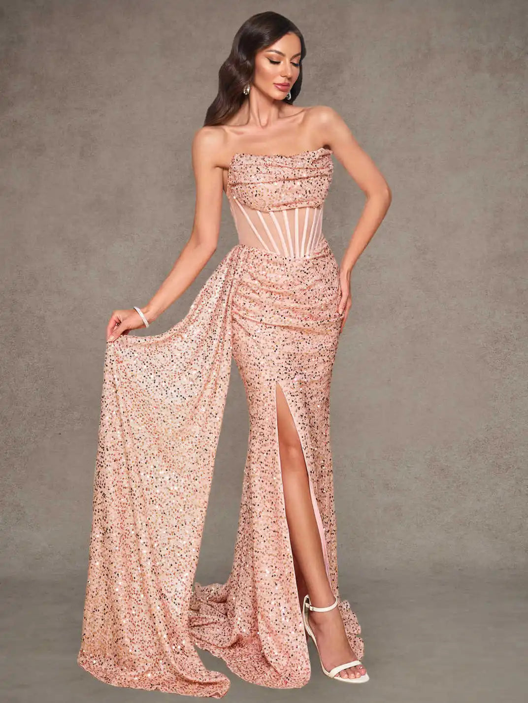 Rose Gold Sequin Strapless Mermaid Evening Gown Sheer Corset High Slit Draped Train Party Dress
