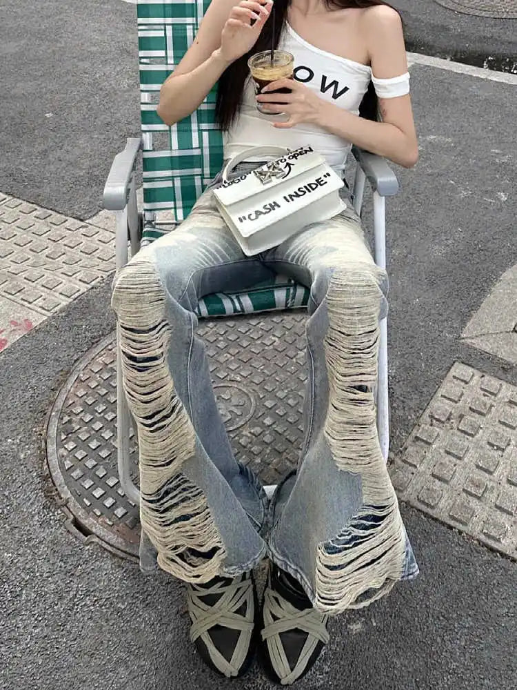 Summer Women Goblin Core Abi Grunge Cyber Punk Flare Jean Y2k Japanese Harajuku Low Rise Ripped Denim Pants 2000s Bell-Bottom